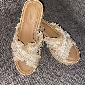 Sally Beach Women's Boho Woven Platform Heels- Cream